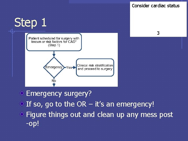 Consider cardiac status Step 1 3 Emergency surgery? If so, go to the OR