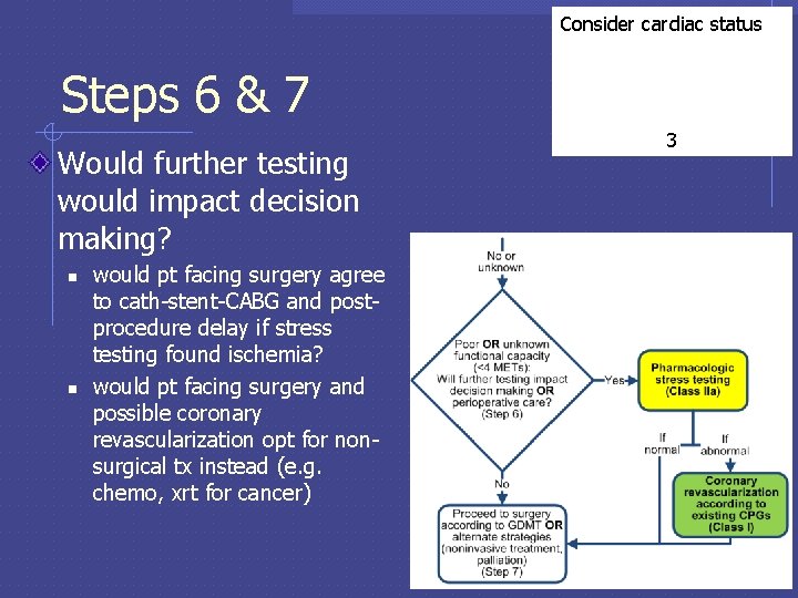 Consider cardiac status Steps 6 & 7 Would further testing would impact decision making?