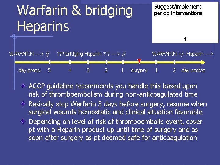 Warfarin & bridging Heparins Suggest/implement periop interventions 4 WARFARIN ---> // day preop 5