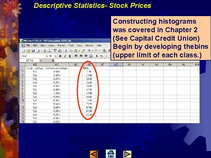 Descriptive Statistics- Stock Prices Constructing histograms was covered in Chapter 2 (See Capital Credit