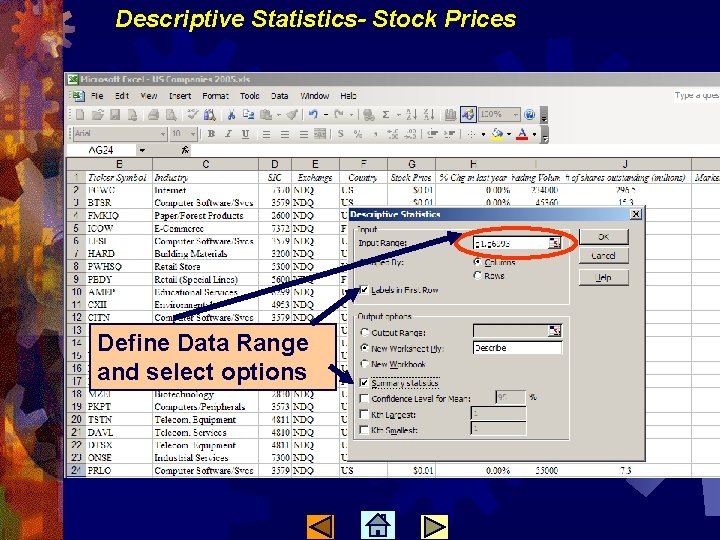 Descriptive Statistics- Stock Prices Define Data Range and select options 