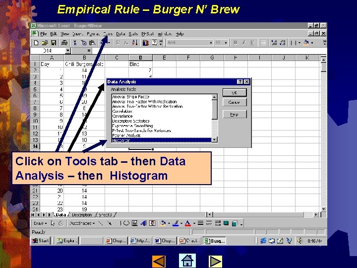 Empirical Rule – Burger N’ Brew Click on Tools tab – then Data Analysis