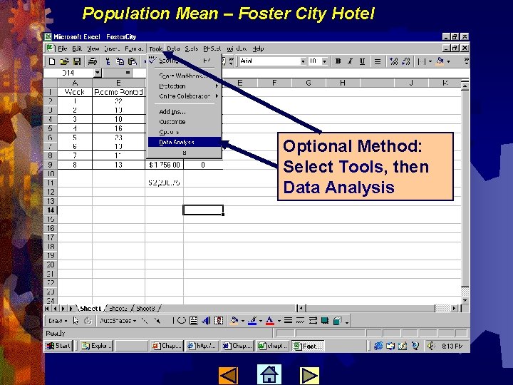 Population Mean – Foster City Hotel Optional Method: Select Tools, then Data Analysis 