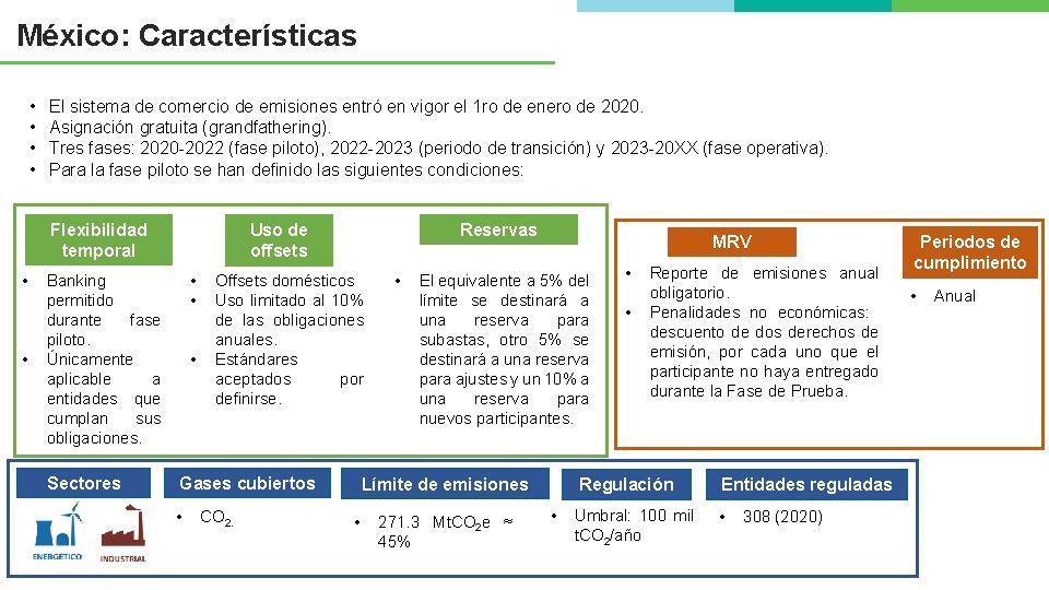 México: Características • • El sistema de comercio de emisiones entró en vigor el