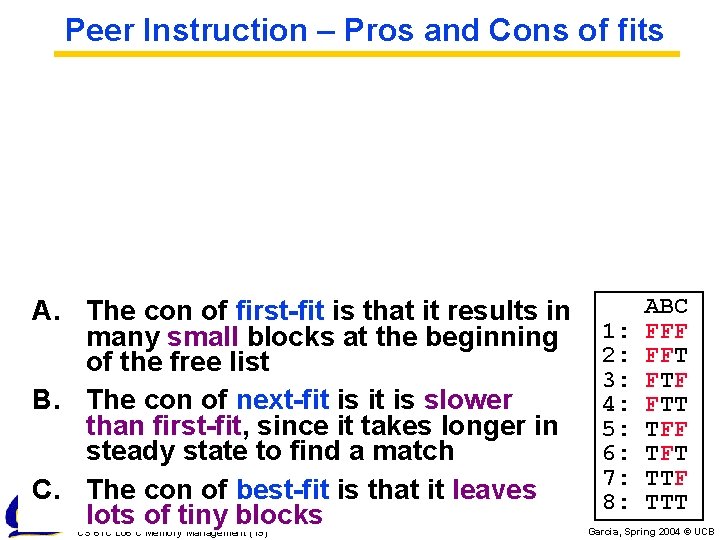 Peer Instruction – Pros and Cons of fits A. The con of first-fit is Peer Instruction – Pros and Cons of fits A. The con of first-fit is