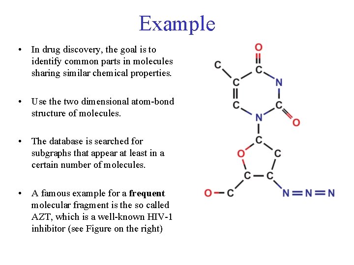 Example • In drug discovery, the goal is to identify common parts in molecules