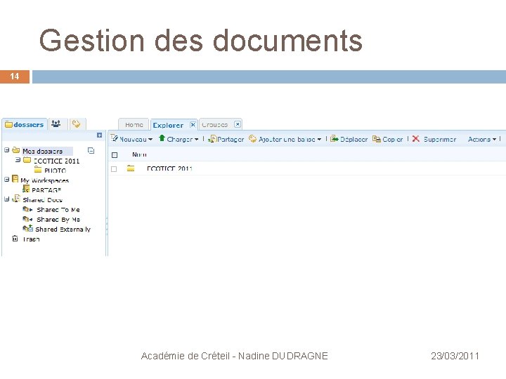 Gestion des documents 14 Académie de Créteil - Nadine DUDRAGNE 23/03/2011 