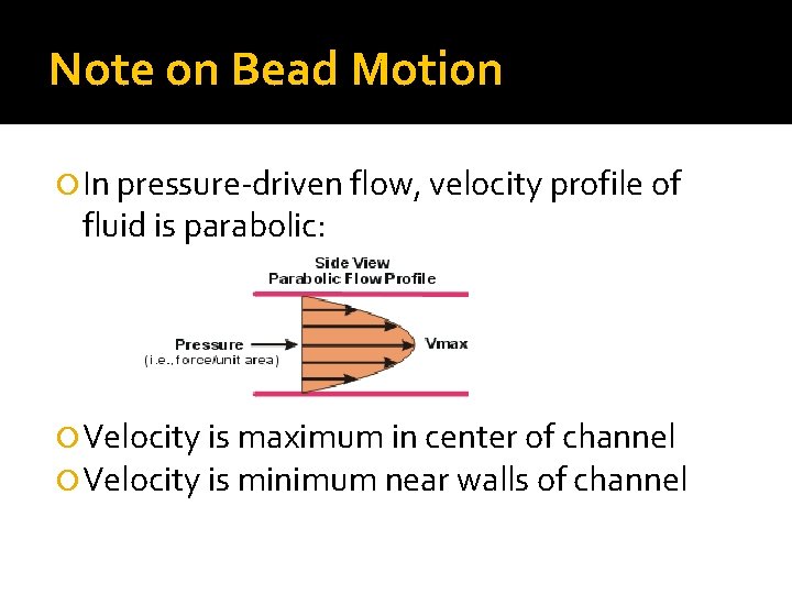 Note on Bead Motion In pressure-driven flow, velocity profile of fluid is parabolic: Velocity