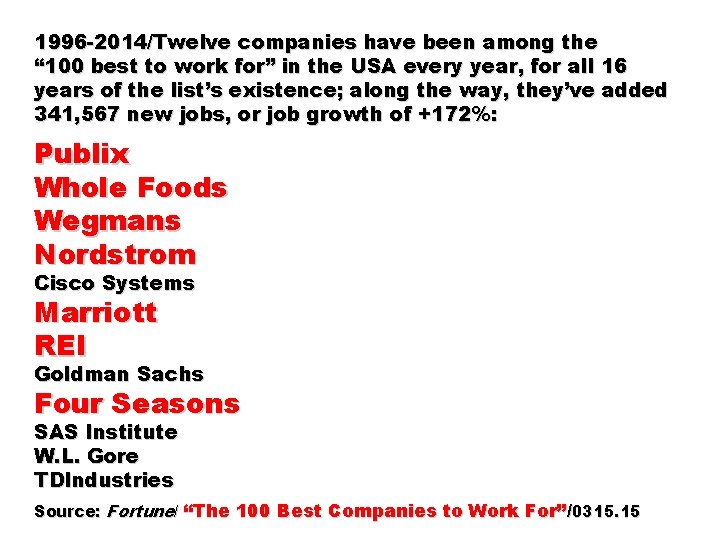 1996 -2014/Twelve companies have been among the “ 100 best to work for” in