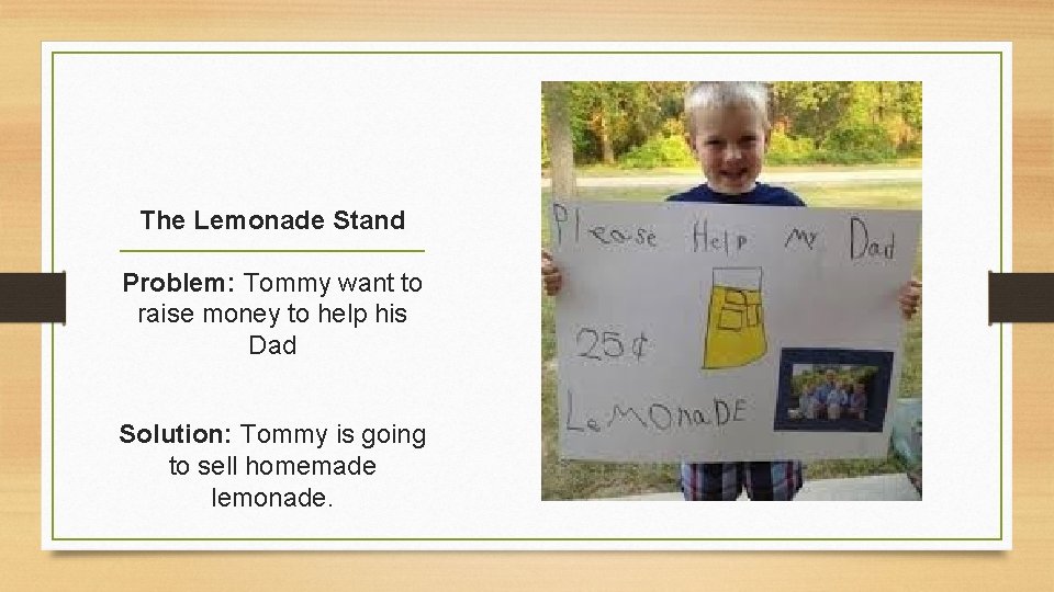 The Lemonade Stand Problem: Tommy want to raise money to help his Dad Solution: