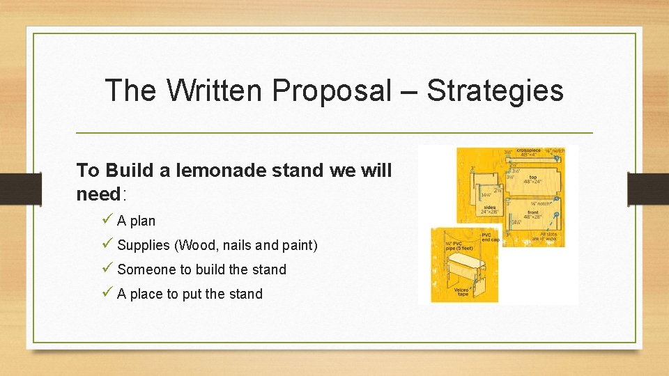 The Written Proposal – Strategies To Build a lemonade stand we will need: ü