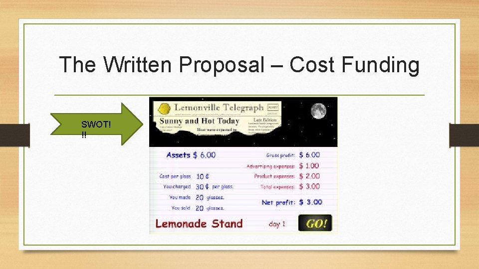 The Written Proposal – Cost Funding SWOT! !! 