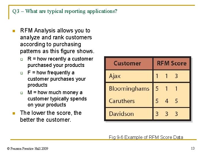 Q 3 – What are typical reporting applications? n RFM Analysis allows you to