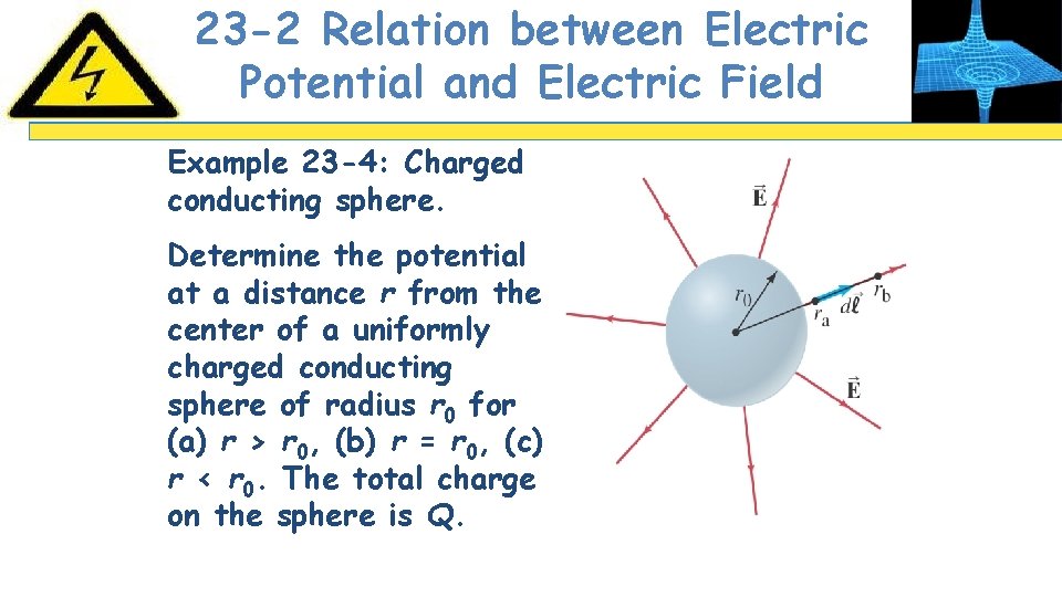 23 -2 Relation between Electric Potential and Electric Field Example 23 -4: Charged conducting