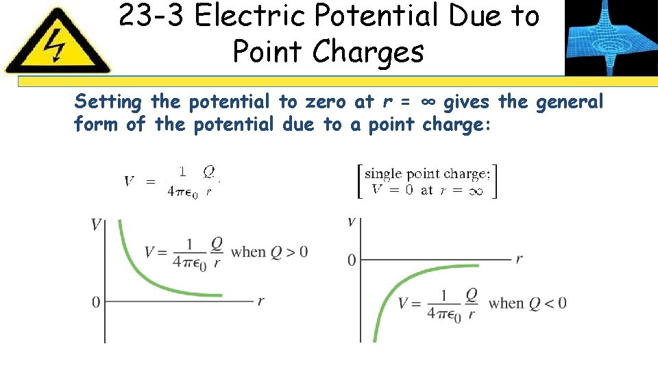 23 -3 Electric Potential Due to Point Charges Setting the potential to zero at