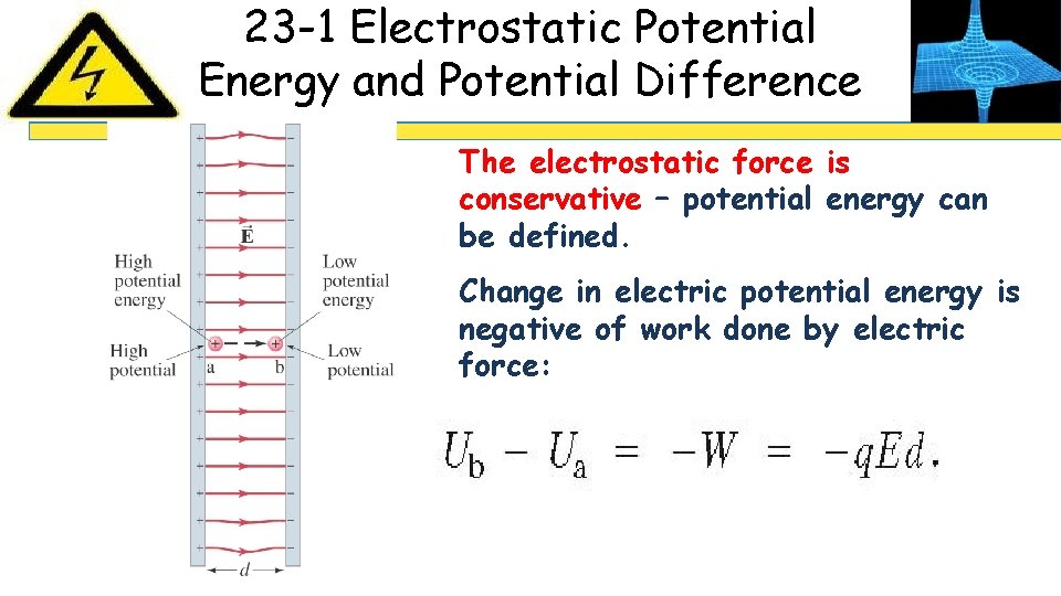 23 -1 Electrostatic Potential Energy and Potential Difference The electrostatic force is conservative –