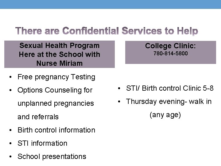 Sexual Health Program Here at the School with Nurse Miriam College Clinic: 780 -814