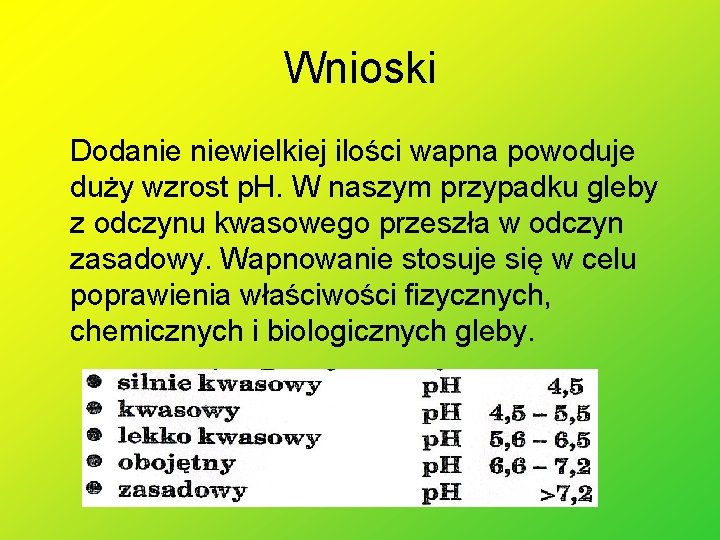 Wnioski Dodanie niewielkiej ilości wapna powoduje duży wzrost p. H. W naszym przypadku gleby