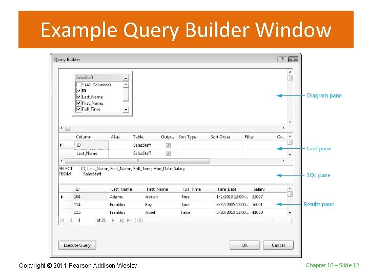Example Query Builder Window Copyright © 2011 Pearson Addison-Wesley Chapter 10 – Slide 12