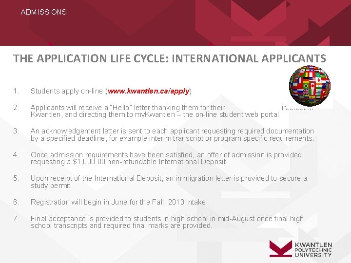 ADMISSIONS THE APPLICATION LIFE CYCLE: INTERNATIONAL APPLICANTS 1. Students apply on-line (www. kwantlen. ca/apply)