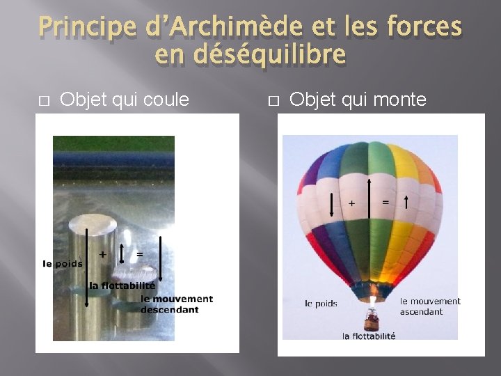 Principe d’Archimède et les forces en déséquilibre � Objet qui coule � Objet qui