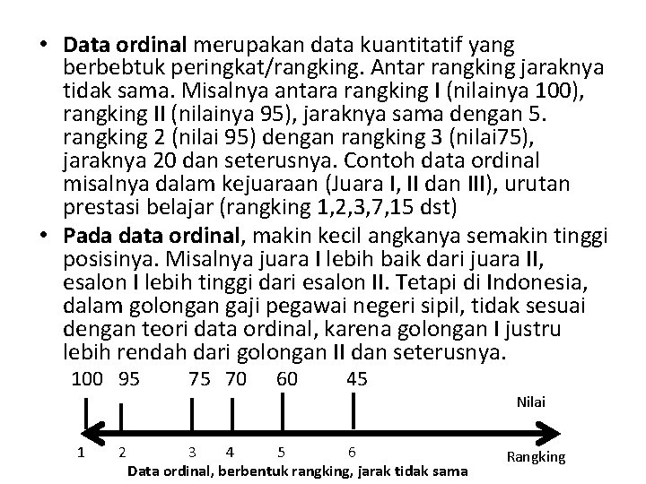 • Data ordinal merupakan data kuantitatif yang berbebtuk peringkat/rangking. Antar rangking jaraknya tidak