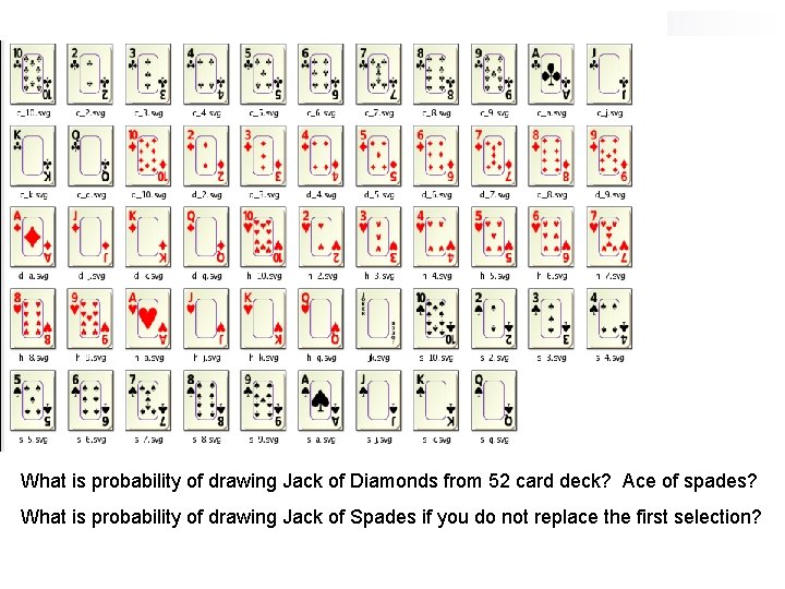 What is probability of drawing Jack of Diamonds from 52 card deck? Ace of