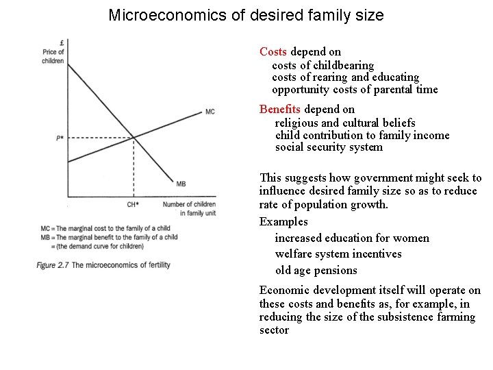 Microeconomics of desired family size Costs depend on costs of childbearing costs of rearing