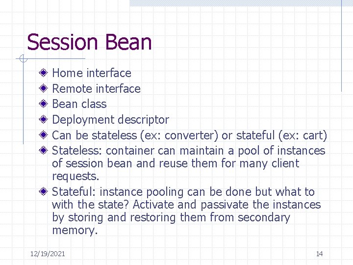 Session Bean Home interface Remote interface Bean class Deployment descriptor Can be stateless (ex: