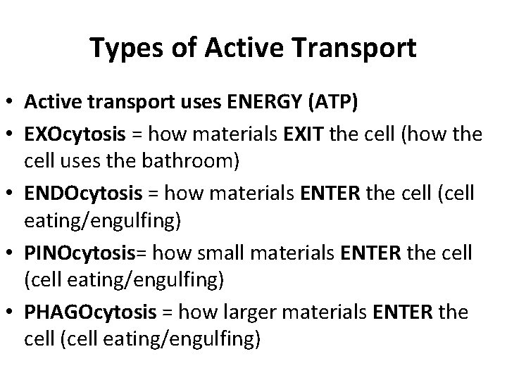 Types of Active Transport • Active transport uses ENERGY (ATP) • EXOcytosis = how