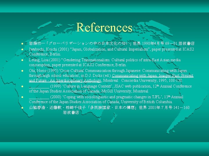 References l l l l 岩淵功一 ｢グローバリゼーションの中の日本文化の匂い｣ 世界 1998年 4月号 69－81 岩波書店 Iwabuchi, Koichi