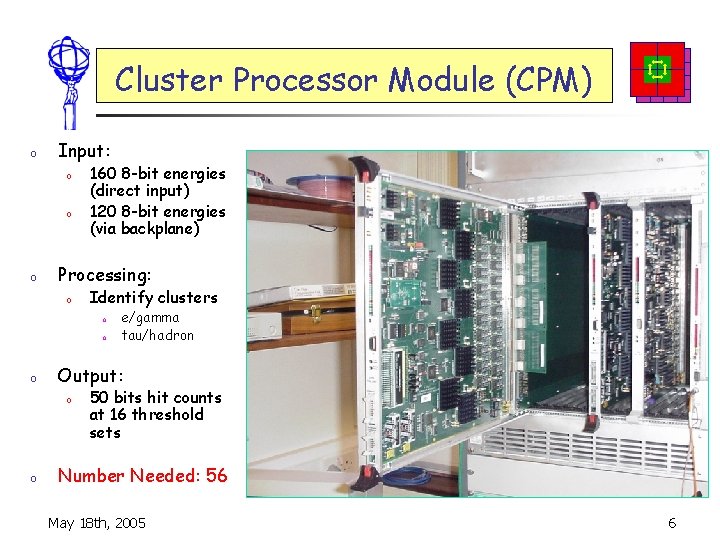 Cluster Processor Module (CPM) o Input: o o o 160 8 -bit energies (direct
