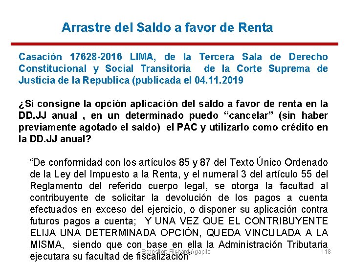 Arrastre del Saldo a favor de Renta Casación 17628 -2016 LIMA, de la Tercera