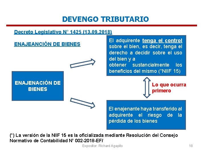 DEVENGO TRIBUTARIO Decreto Legislativo N° 1425 (13. 09. 2018) ENAJEANCIÓN DE BIENES El adquirente