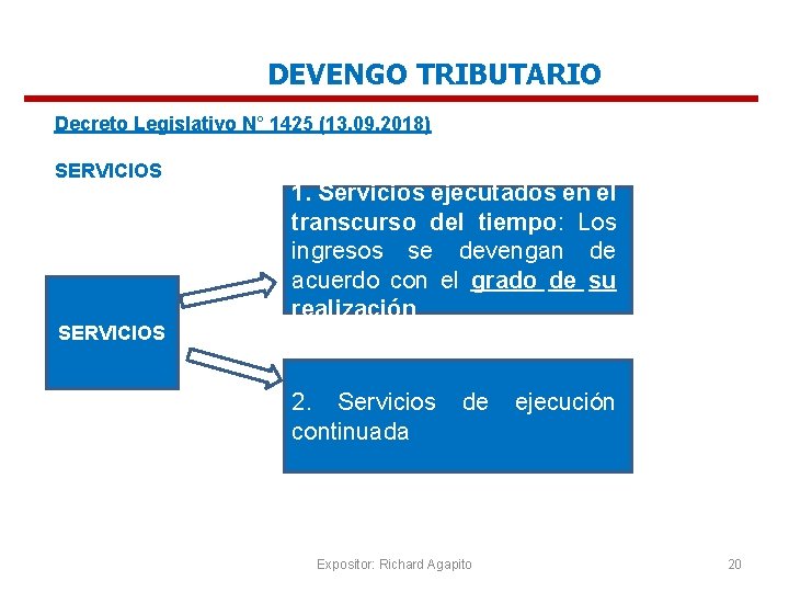 DEVENGO TRIBUTARIO Decreto Legislativo N° 1425 (13. 09. 2018) SERVICIOS 1. Servicios ejecutados en