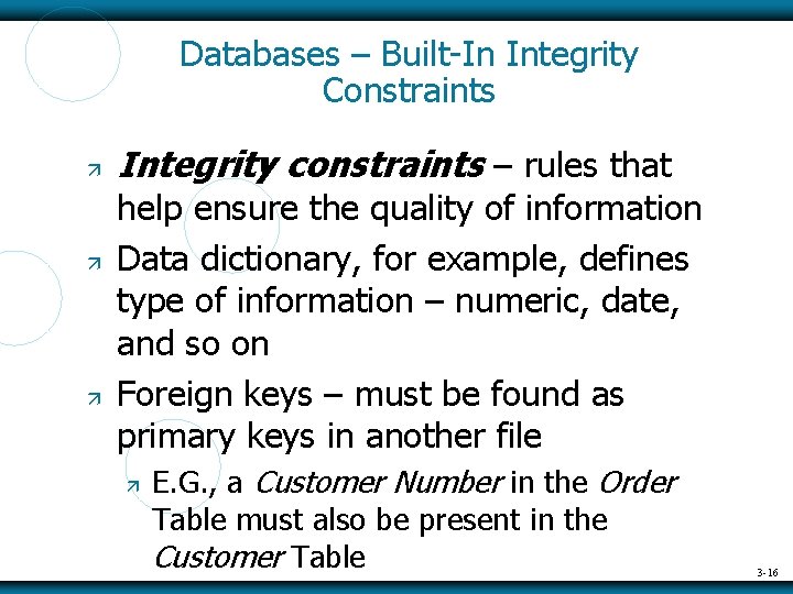 Databases – Built-In Integrity Constraints Integrity constraints – rules that help ensure the quality