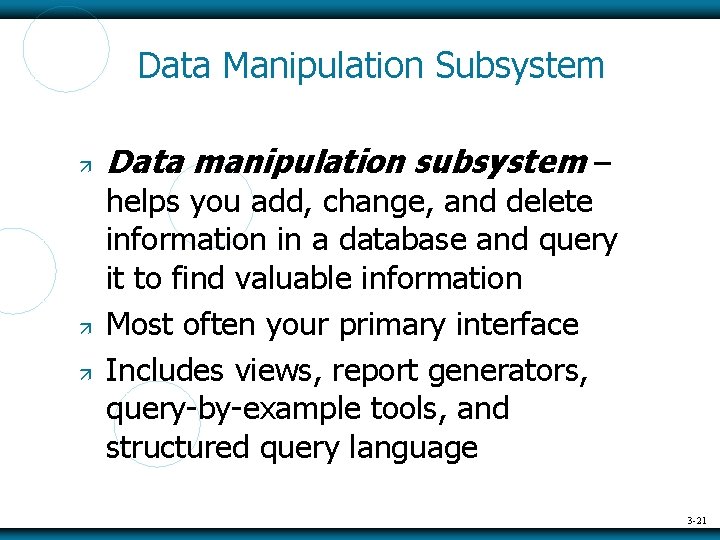 Data Manipulation Subsystem Data manipulation subsystem – helps you add, change, and delete information