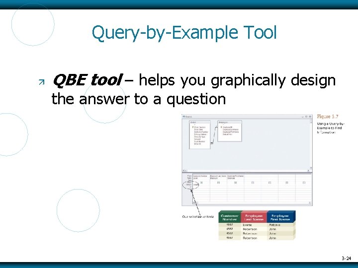 Query-by-Example Tool QBE tool – helps you graphically design the answer to a question