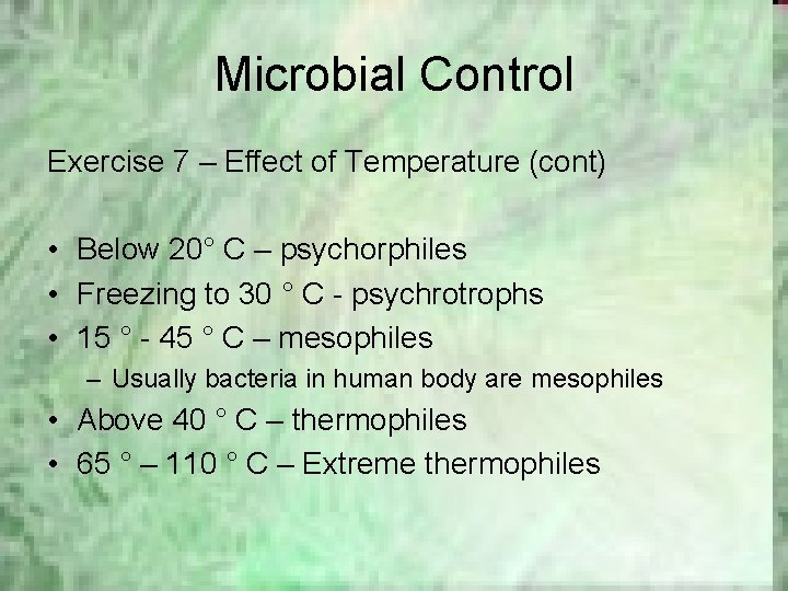Microbial Control Exercise 7 – Effect of Temperature (cont) • Below 20° C –