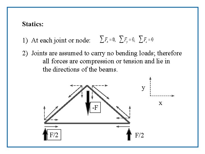Statics: 1) At each joint or node: 2) Joints are assumed to carry no