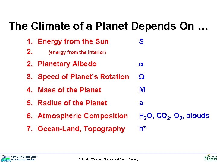 The Climate of a Planet Depends On … 1. Energy from the Sun 2.