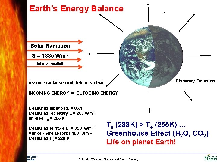 Earth’s Energy Balance Solar Radiation S = 1380 Wm-2 (plane, parallel) Planetary Emission Assume