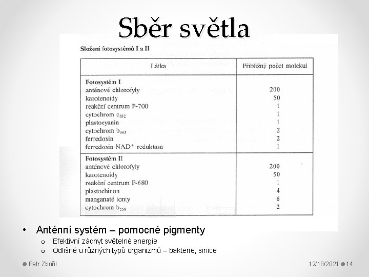 Sběr světla • Anténní systém – pomocné pigmenty o Efektivní záchyt světelné energie o