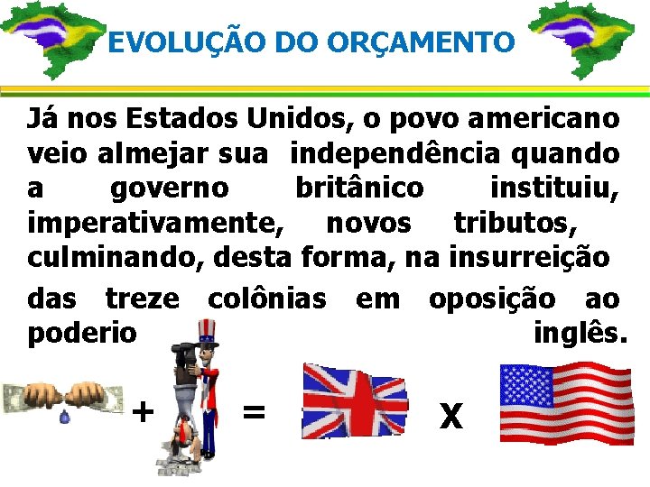 EVOLUÇÃO DO ORÇAMENTO Já nos Estados Unidos, o povo americano veio almejar sua independência