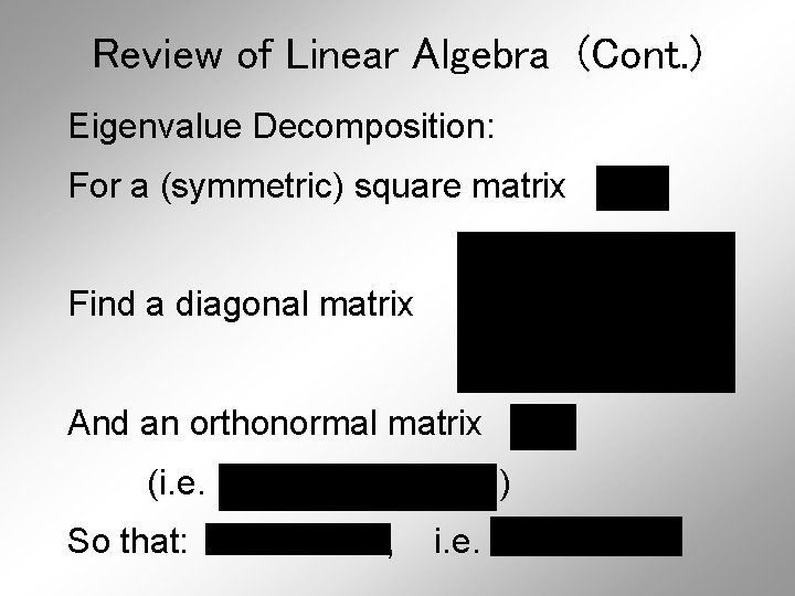 Review of Linear Algebra (Cont. ) Eigenvalue Decomposition: For a (symmetric) square matrix Find