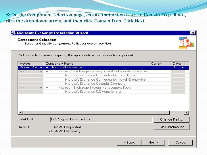 v On the Component Selection page, ensure that Action is set to Domain Prep.