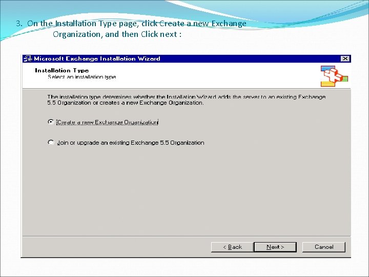 3. On the Installation Type page, click Create a new Exchange Organization, and then