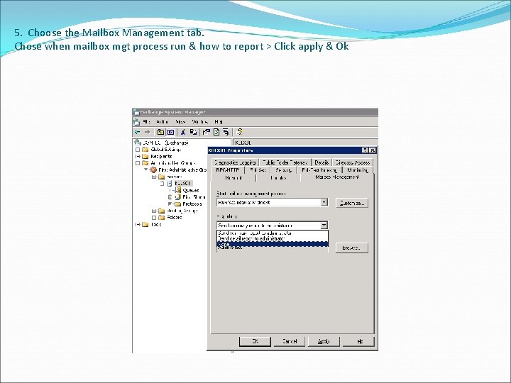 5. Choose the Mailbox Management tab. Chose when mailbox mgt process run & how