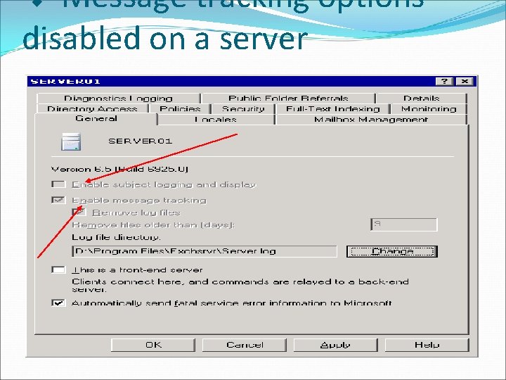 v Message tracking options disabled on a server 