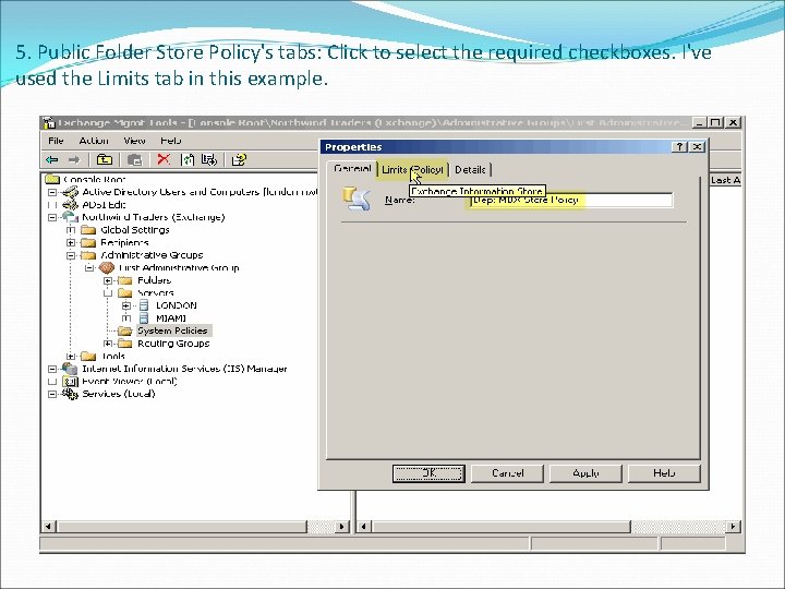 5. Public Folder Store Policy's tabs: Click to select the required checkboxes. I've used